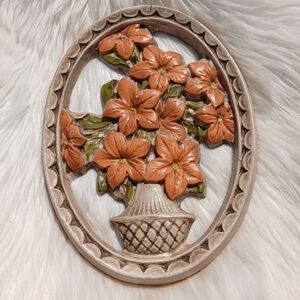 Vintage Chalkware Orange Flowers Wall Hanging Plaque Oval mcm Decor vase basket